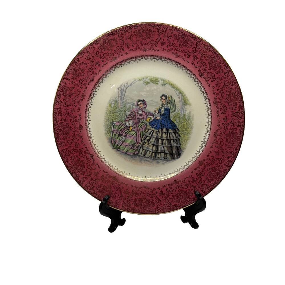 Vtg Salem China Imperial Service Plate Godey Prints 23K Gold Maroon Charger 11"